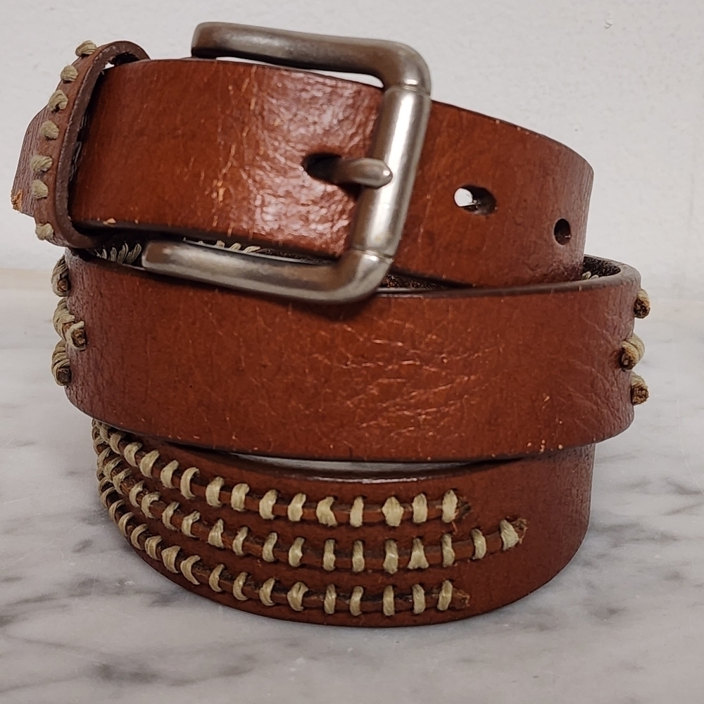Brown Laced Leather Belt - Women's Size 34/35 Two Tone Western 1" Wide Vintage